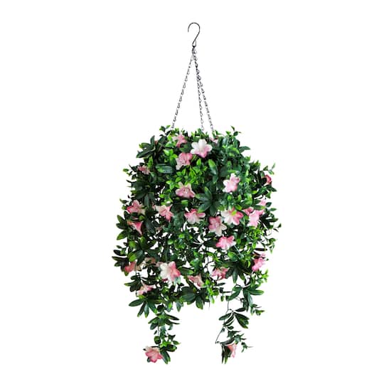34in. UV Resistant Artificial Azalea Hanging Basket (Indoor/Outdoor) By Nearly Natural in Green/Pink | 16" x 16" x 34" | Michaels®
